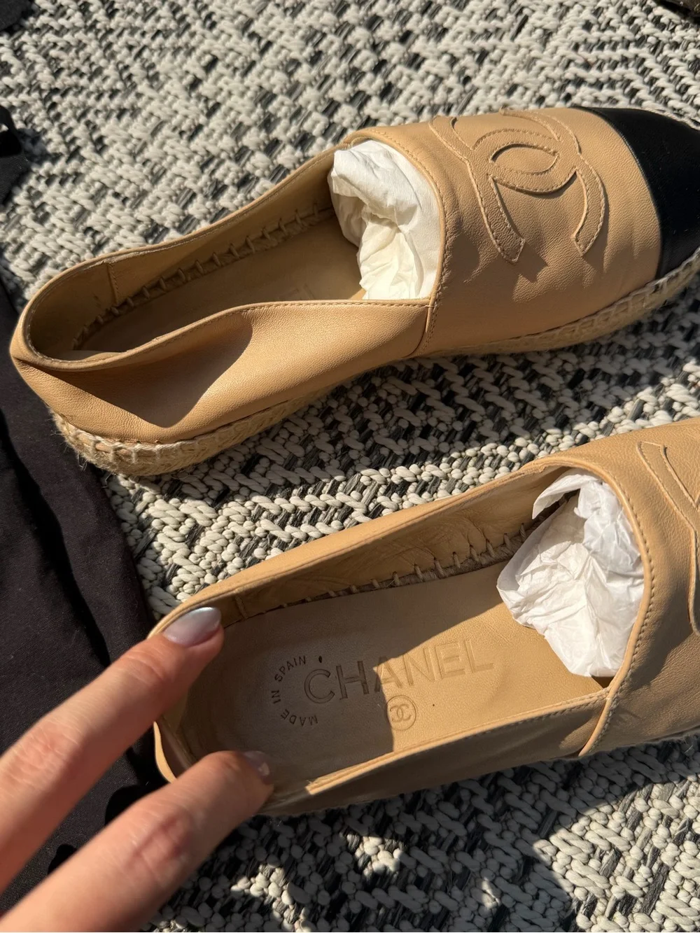 CHANEL Beige Leather Espadrilles with Black Cap Toe